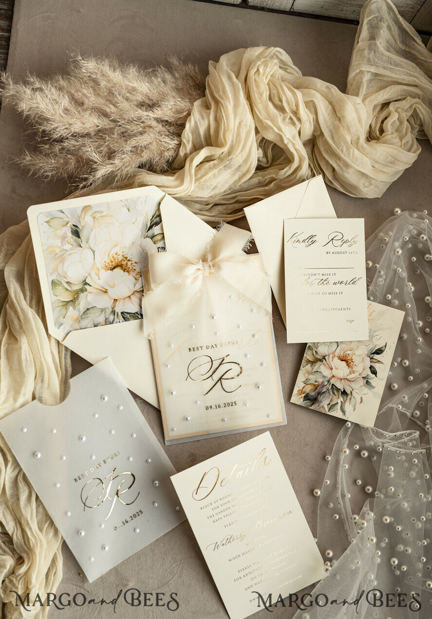 WEDDING INVITATIONS gold / rose gold / silver / glitter Ecru Chiffon bow beaded bespoke Elegant Ivory Gold Wedding Invitation Suite, White Perls Golden Wedding Cards, Elegant golden folder Wedding Stationery, Vellum etui with monogram
