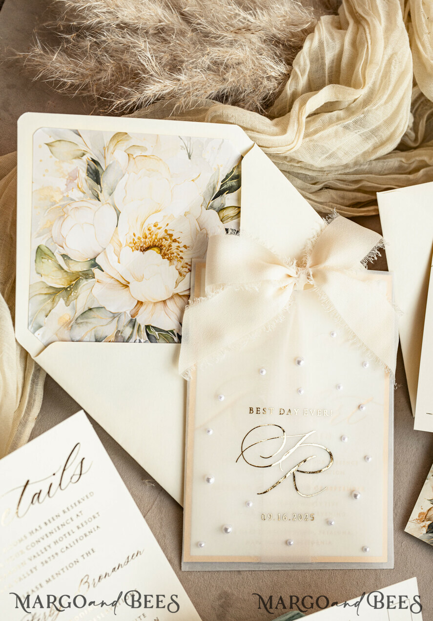 WEDDING INVITATIONS gold / rose gold / silver / glitter Ecru Chiffon bow beaded bespoke Elegant Ivory Gold Wedding Invitation Suite, White Perls Golden Wedding Cards, Elegant golden folder Wedding Stationery, Vellum etui with monogram