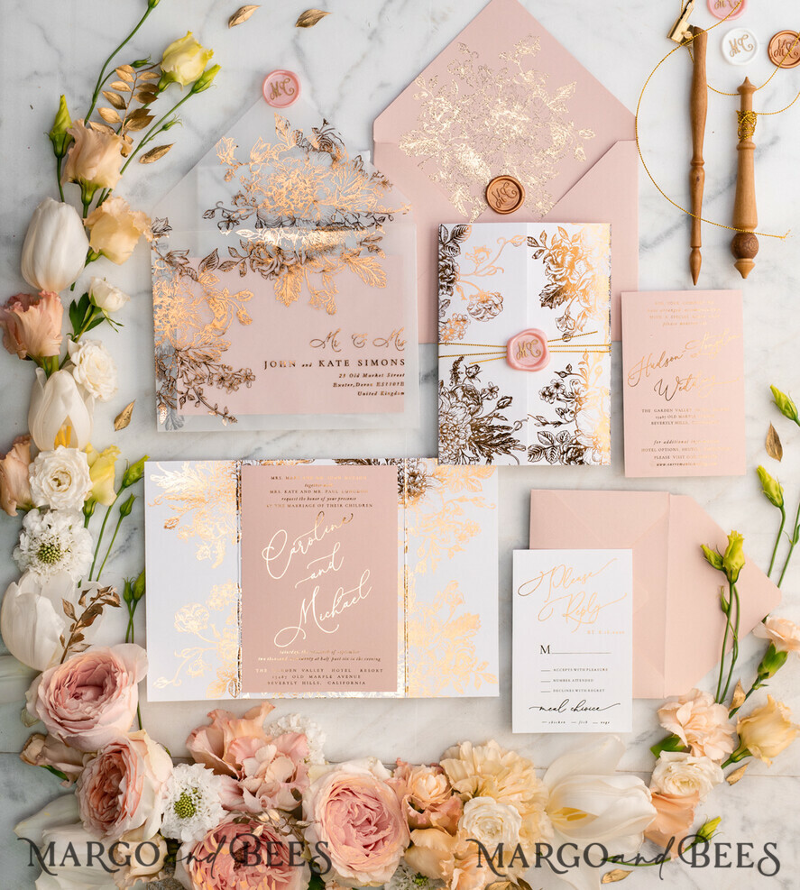 Rose Gold Luxury Passport Wedding Invitation with Real Foil