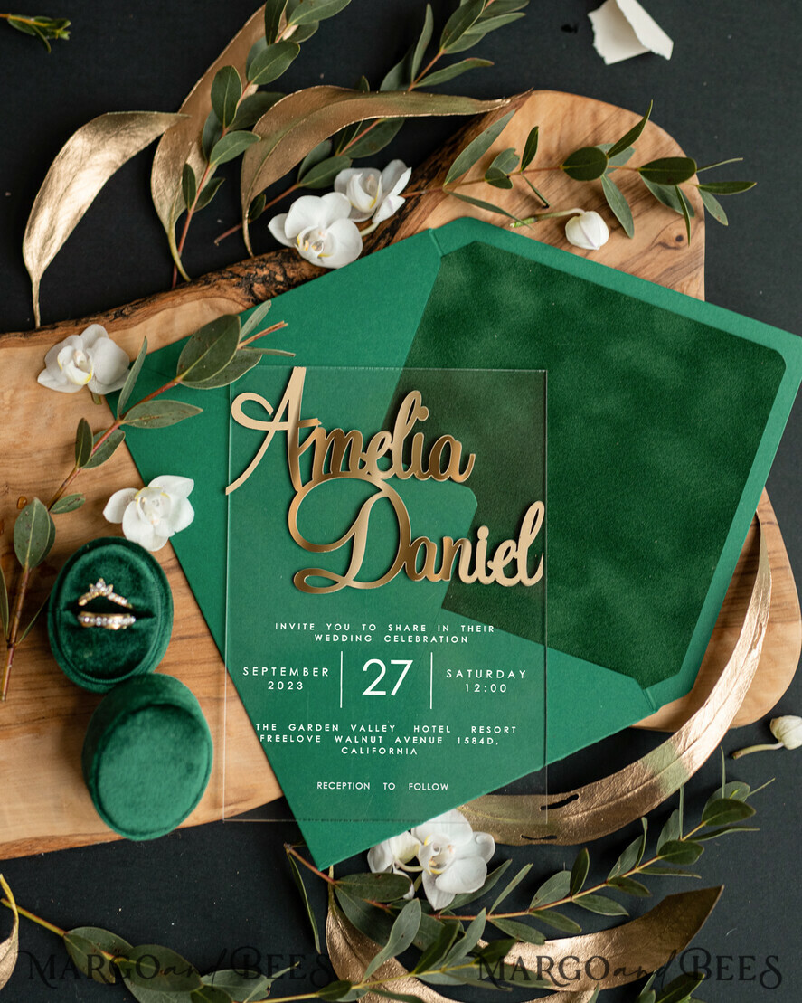 WEDDING INVITATIONS gold / rose gold / silver / glitter Gold Green Acrylic Wedding invitations, Glamour Velvet Wedding Invitation Suite • Golden Greenery Wedding Stationery • Luxury Emerald Green Wedding Invites