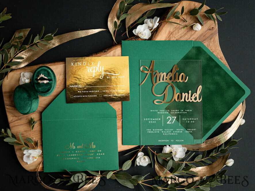 WEDDING INVITATIONS gold / rose gold / silver / glitter Gold Green Acrylic Wedding invitations, Glamour Velvet Wedding Invitation Suite • Golden Greenery Wedding Stationery • Luxury Emerald Green Wedding Invites
