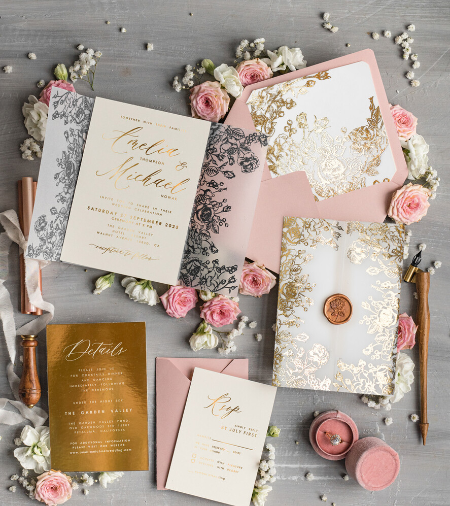 WEDDING INVITATIONS gold / rose gold / silver / glitter Bespoke Blush Pink wedding invitations, Glamour Wedding Invitation Suite • Golden Pink Wedding Stationery • Luxury Wedding Invites