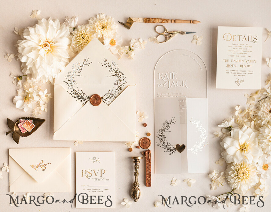 WEDDING INVITATIONS gold / rose gold / silver / glitter Arch Acrylic Wedding invitation suite, Boho Glam Wedding Invitations, Golden Shine Wedding Invitates, Elegant Gold Wedding Cards
