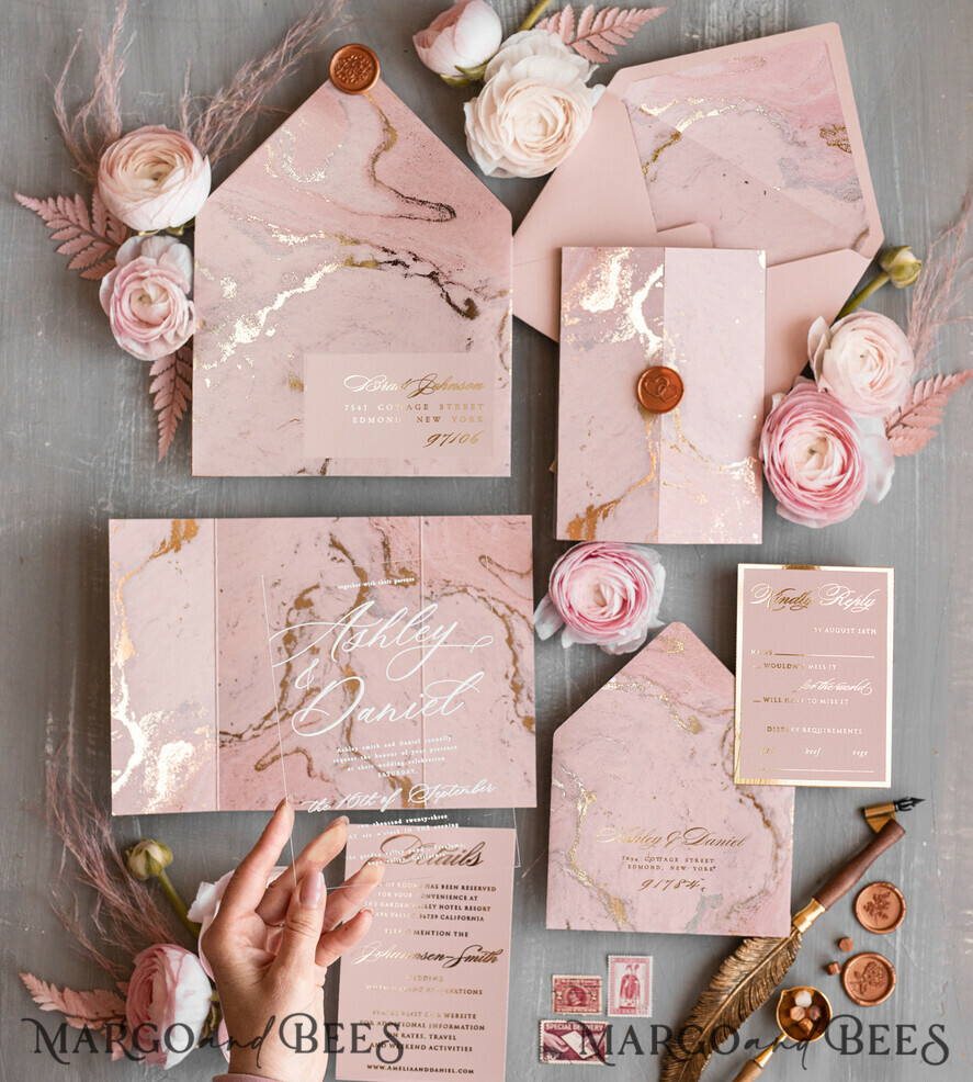 WEDDING INVITATIONS gold / rose gold / silver / glitter Blush Pink Marble Wedding invitations, Luxury Gold Foil Wedding Invitation set,  Acrylic cards, Marble Glamour Wedding Invitation Suite, Elegant  Wedding Cards Marble