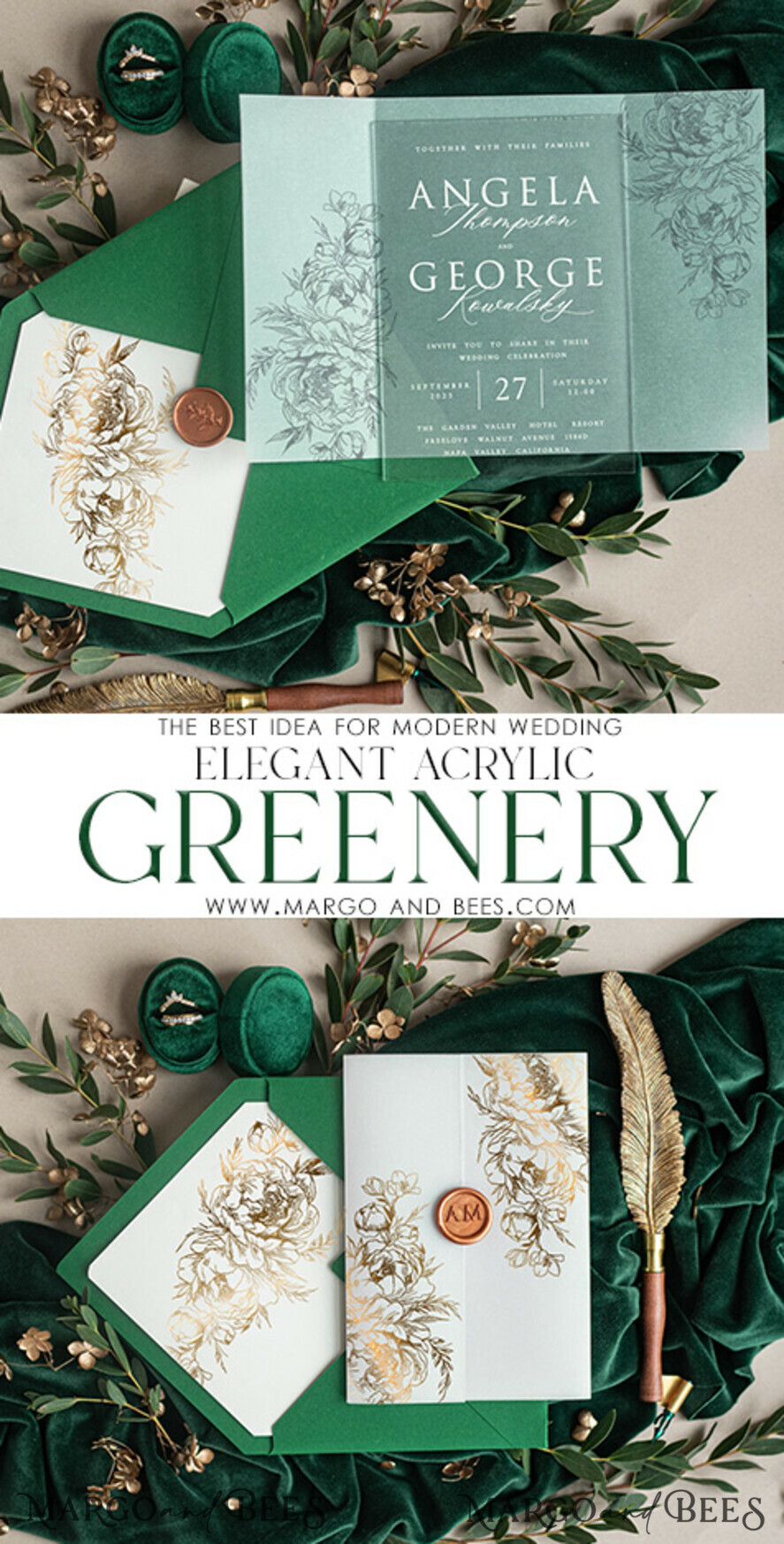 WEDDING INVITATIONS gold / rose gold / silver / glitter Greenery Gold wedding invitations, Glamour Acrylic  Wedding Invitations • Glitter Emerald Green Wedding Invitation Suite • Luxury Wedding Cards with Wax Seal