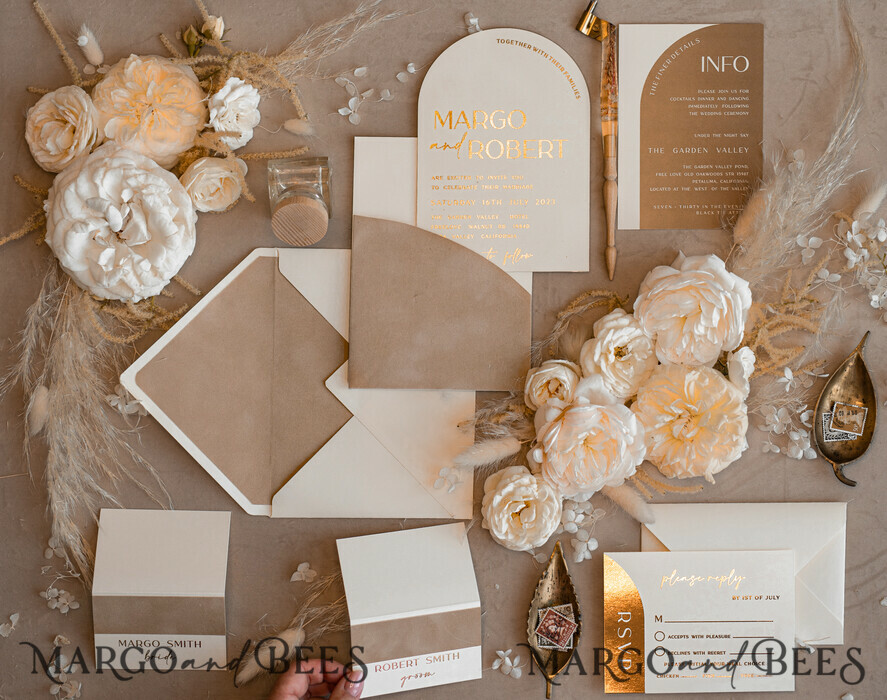 WEDDING INVITATIONS gold / rose gold / silver / glitter Custom Wedding invitations velvet beige pocket, Elegant Arch Wedding Invitations, Gold Wedding Invitation Suite,  Luxury wedding Cards
