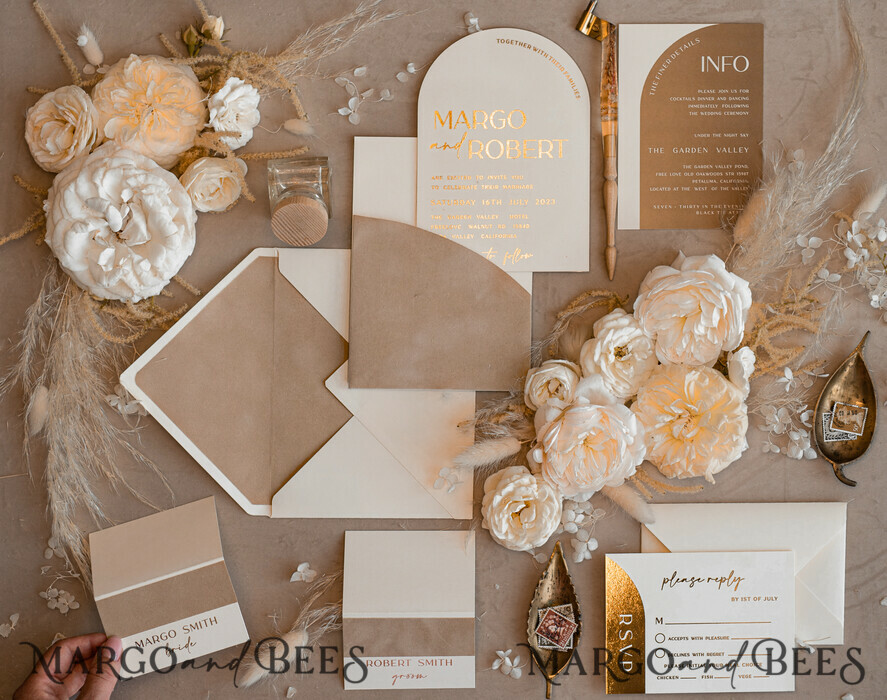 WEDDING INVITATIONS gold / rose gold / silver / glitter Custom Wedding invitations velvet beige pocket, Elegant Arch Wedding Invitations, Gold Wedding Invitation Suite,  Luxury wedding Cards