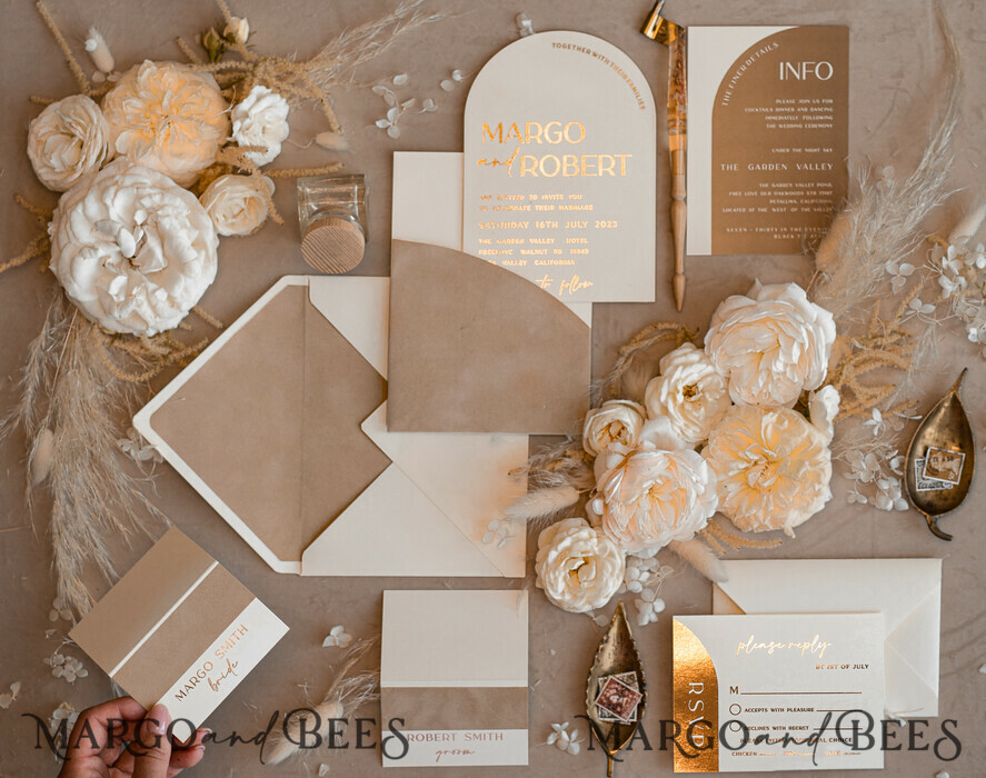 WEDDING INVITATIONS gold / rose gold / silver / glitter Custom Wedding invitations velvet beige pocket, Elegant Arch Wedding Invitations, Gold Wedding Invitation Suite,  Luxury wedding Cards