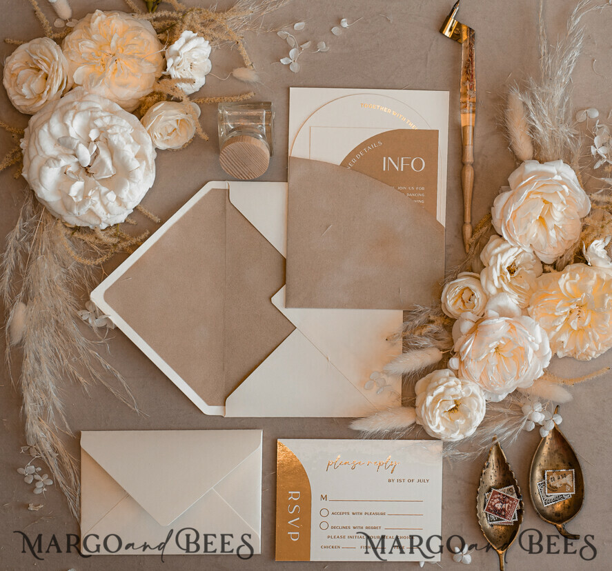 WEDDING INVITATIONS gold / rose gold / silver / glitter Custom Wedding invitations velvet beige pocket, Elegant Arch Wedding Invitations, Gold Wedding Invitation Suite,  Luxury wedding Cards