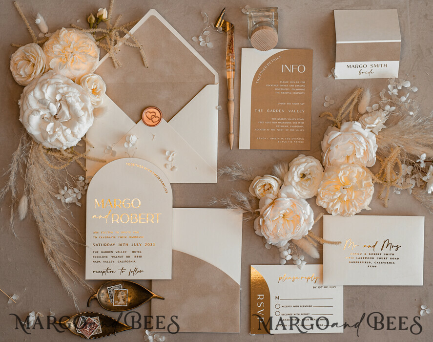WEDDING INVITATIONS gold / rose gold / silver / glitter Custom Wedding invitations velvet beige pocket, Elegant Arch Wedding Invitations, Gold Wedding Invitation Suite,  Luxury wedding Cards