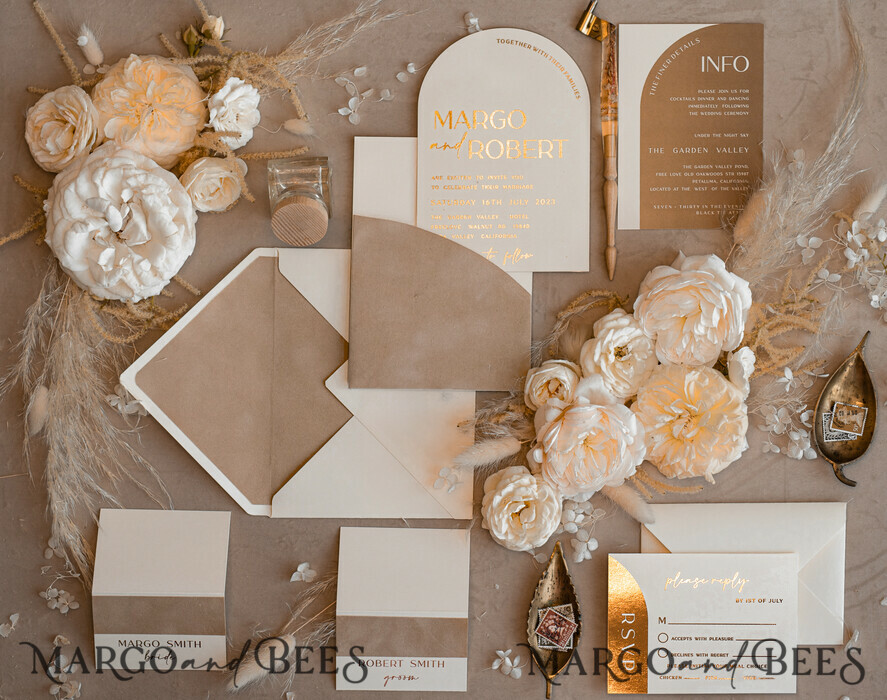 WEDDING INVITATIONS gold / rose gold / silver / glitter Custom Wedding invitations velvet beige pocket, Elegant Arch Wedding Invitations, Gold Wedding Invitation Suite,  Luxury wedding Cards