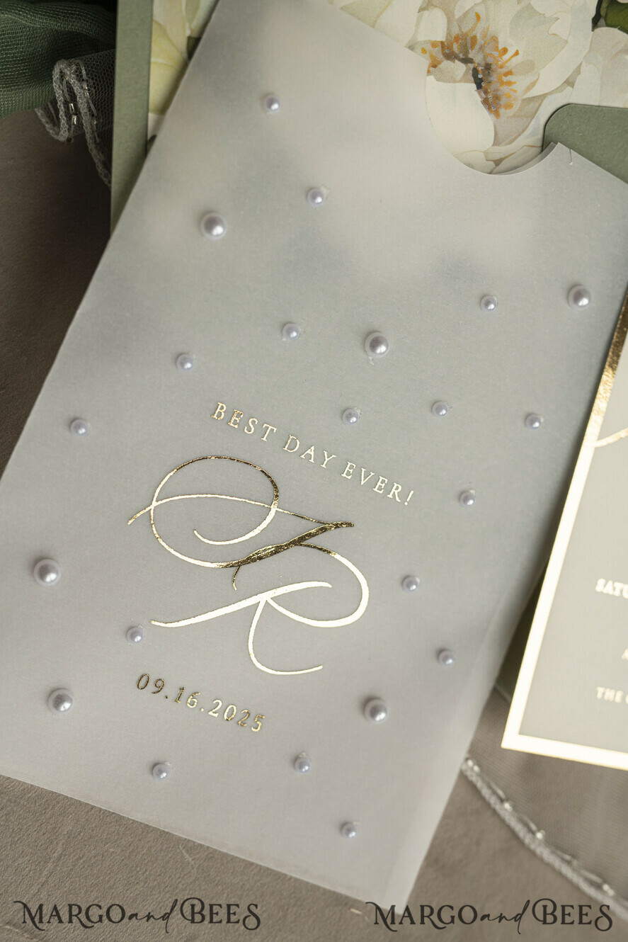 WEDDING INVITATIONS gold / rose gold / silver / glitter Sag Green Chiffon bow beaded bespoke Elegant Greenery Gold Wedding Invitation Suite, White Perls Golden Wedding Cards, Boho golden folder Wedding Stationery, Vellum etui with monogram