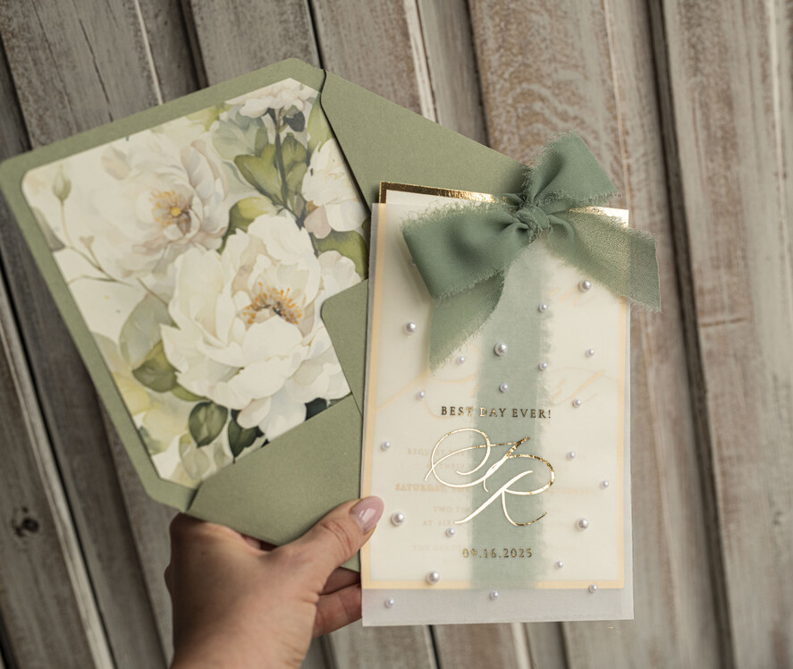 WEDDING INVITATIONS gold / rose gold / silver / glitter Sag Green Chiffon bow beaded bespoke Elegant Greenery Gold Wedding Invitation Suite, White Perls Golden Wedding Cards, Boho golden folder Wedding Stationery, Vellum etui with monogram
