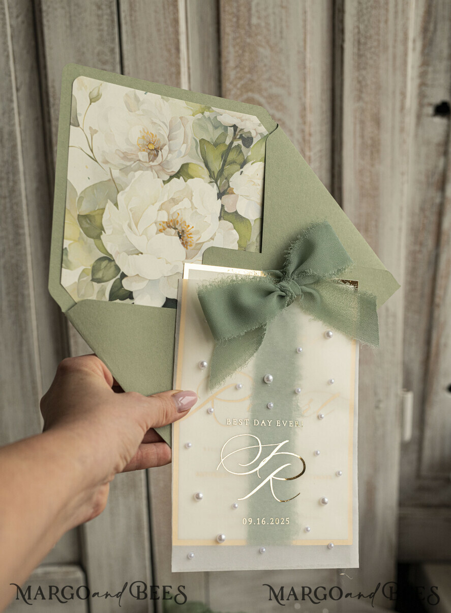 WEDDING INVITATIONS gold / rose gold / silver / glitter Sag Green Chiffon bow beaded bespoke Elegant Greenery Gold Wedding Invitation Suite, White Perls Golden Wedding Cards, Boho golden folder Wedding Stationery, Vellum etui with monogram