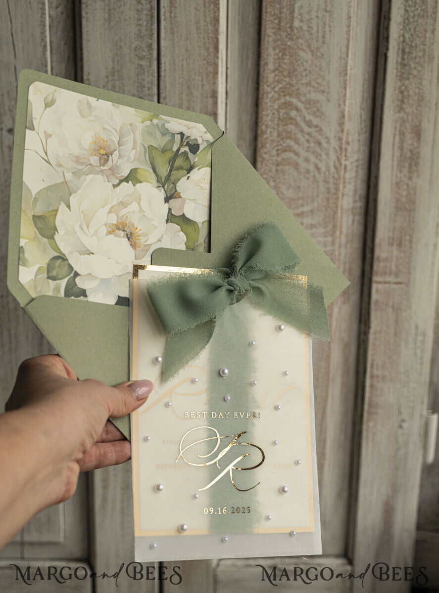 WEDDING INVITATIONS gold / rose gold / silver / glitter Sag Green Chiffon bow beaded bespoke Elegant Greenery Gold Wedding Invitation Suite, White Perls Golden Wedding Cards, Boho golden folder Wedding Stationery, Vellum etui with monogram