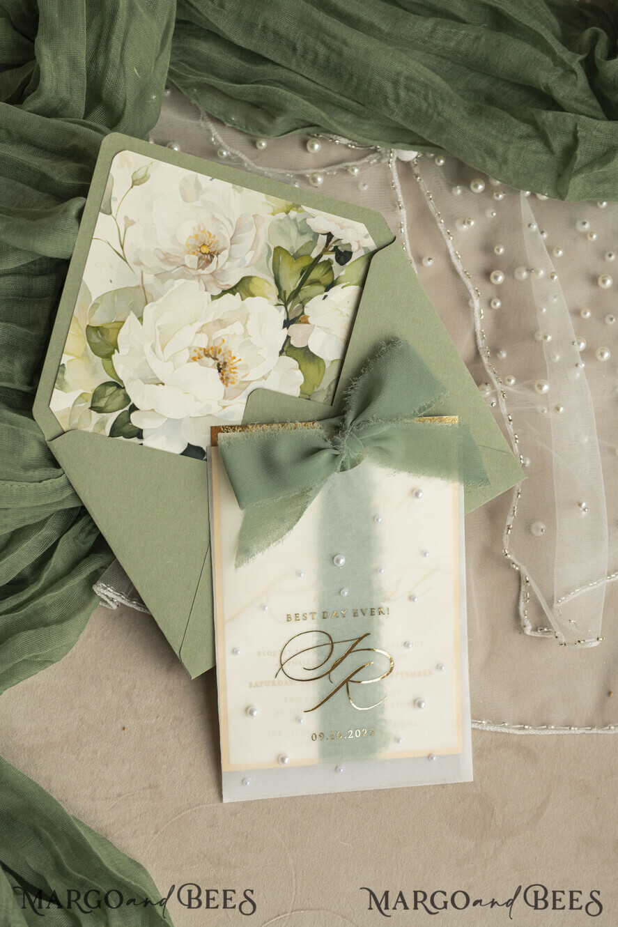 WEDDING INVITATIONS gold / rose gold / silver / glitter Sag Green Chiffon bow beaded bespoke Elegant Greenery Gold Wedding Invitation Suite, White Perls Golden Wedding Cards, Boho golden folder Wedding Stationery, Vellum etui with monogram