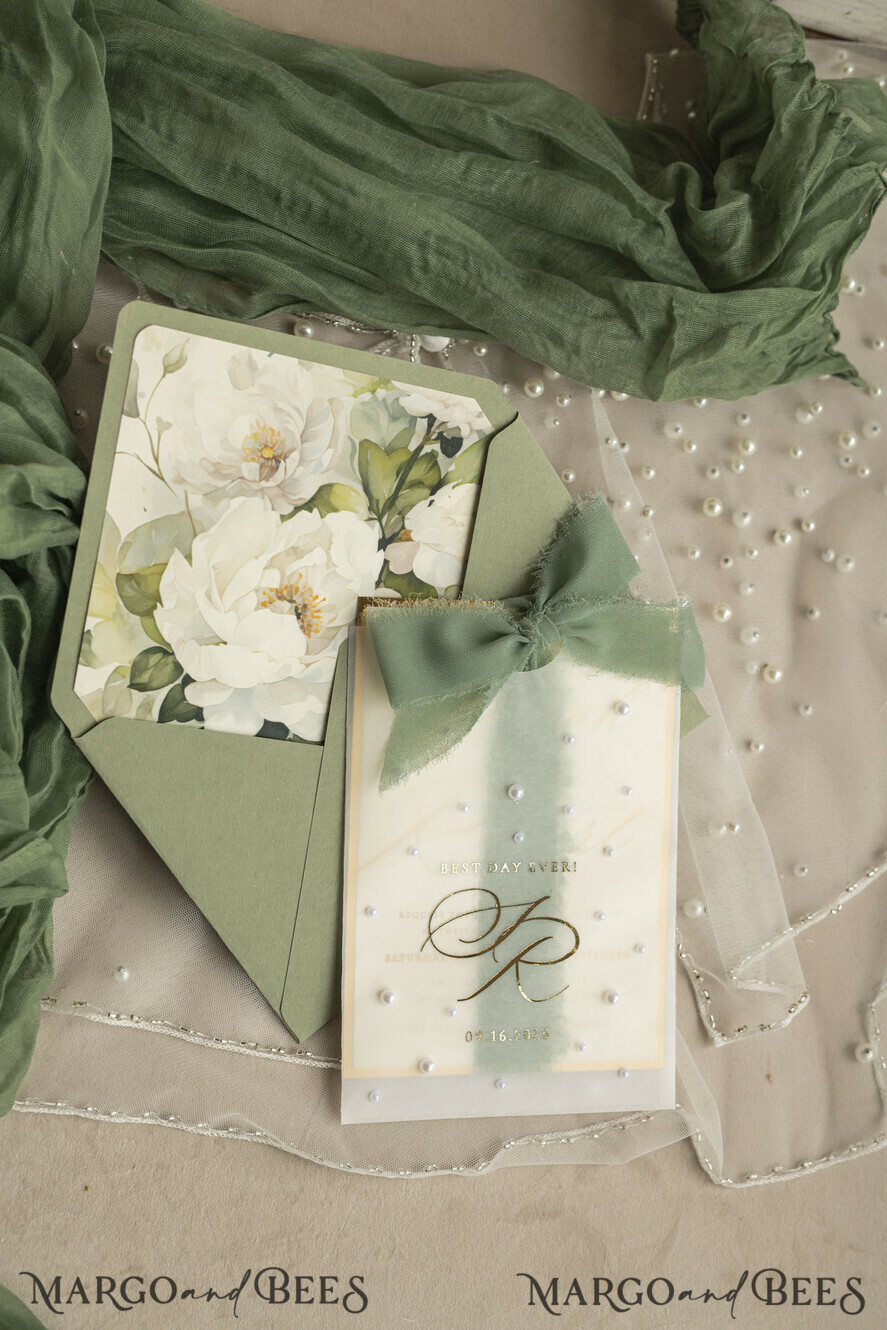 WEDDING INVITATIONS gold / rose gold / silver / glitter Sag Green Chiffon bow beaded bespoke Elegant Greenery Gold Wedding Invitation Suite, White Perls Golden Wedding Cards, Boho golden folder Wedding Stationery, Vellum etui with monogram