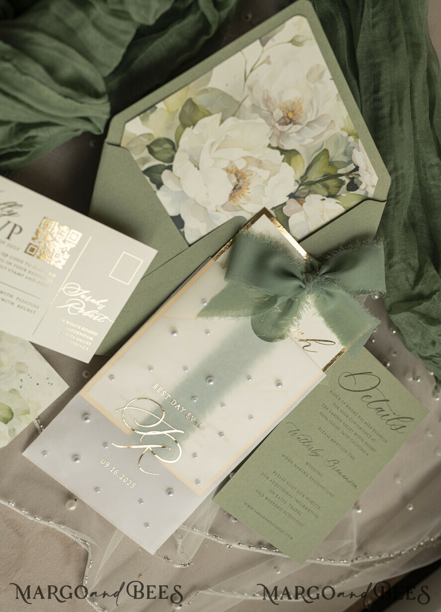 WEDDING INVITATIONS gold / rose gold / silver / glitter Sag Green Chiffon bow beaded bespoke Elegant Greenery Gold Wedding Invitation Suite, White Perls Golden Wedding Cards, Boho golden folder Wedding Stationery, Vellum etui with monogram