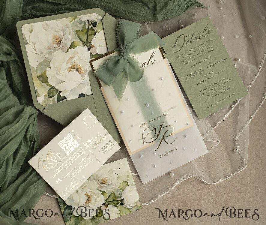 WEDDING INVITATIONS gold / rose gold / silver / glitter Sag Green Chiffon bow beaded bespoke Elegant Greenery Gold Wedding Invitation Suite, White Perls Golden Wedding Cards, Boho golden folder Wedding Stationery, Vellum etui with monogram