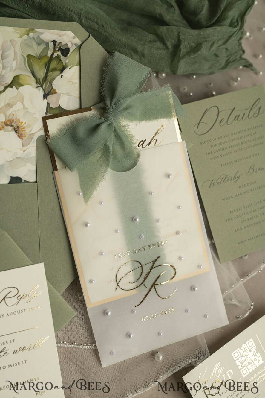 WEDDING INVITATIONS gold / rose gold / silver / glitter Sag Green Chiffon bow beaded bespoke Elegant Greenery Gold Wedding Invitation Suite, White Perls Golden Wedding Cards, Boho golden folder Wedding Stationery, Vellum etui with monogram