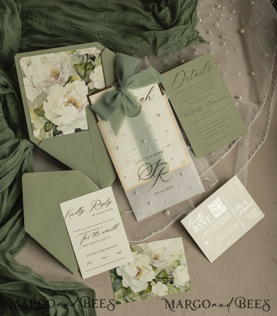 WEDDING INVITATIONS gold / rose gold / silver / glitter Sag Green Chiffon bow beaded bespoke Elegant Greenery Gold Wedding Invitation Suite, White Perls Golden Wedding Cards, Boho golden folder Wedding Stationery, Vellum etui with monogram