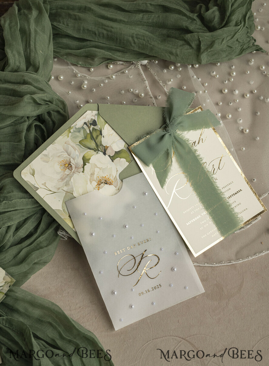 WEDDING INVITATIONS gold / rose gold / silver / glitter Sag Green Chiffon bow beaded bespoke Elegant Greenery Gold Wedding Invitation Suite, White Perls Golden Wedding Cards, Boho golden folder Wedding Stationery, Vellum etui with monogram