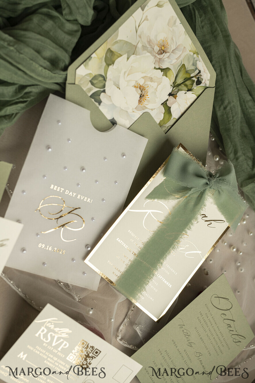 WEDDING INVITATIONS gold / rose gold / silver / glitter Sag Green Chiffon bow beaded bespoke Elegant Greenery Gold Wedding Invitation Suite, White Perls Golden Wedding Cards, Boho golden folder Wedding Stationery, Vellum etui with monogram