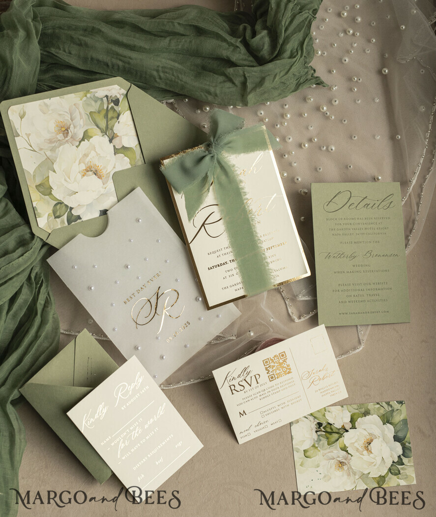 WEDDING INVITATIONS gold / rose gold / silver / glitter Sag Green Chiffon bow beaded bespoke Elegant Greenery Gold Wedding Invitation Suite, White Perls Golden Wedding Cards, Boho golden folder Wedding Stationery, Vellum etui with monogram