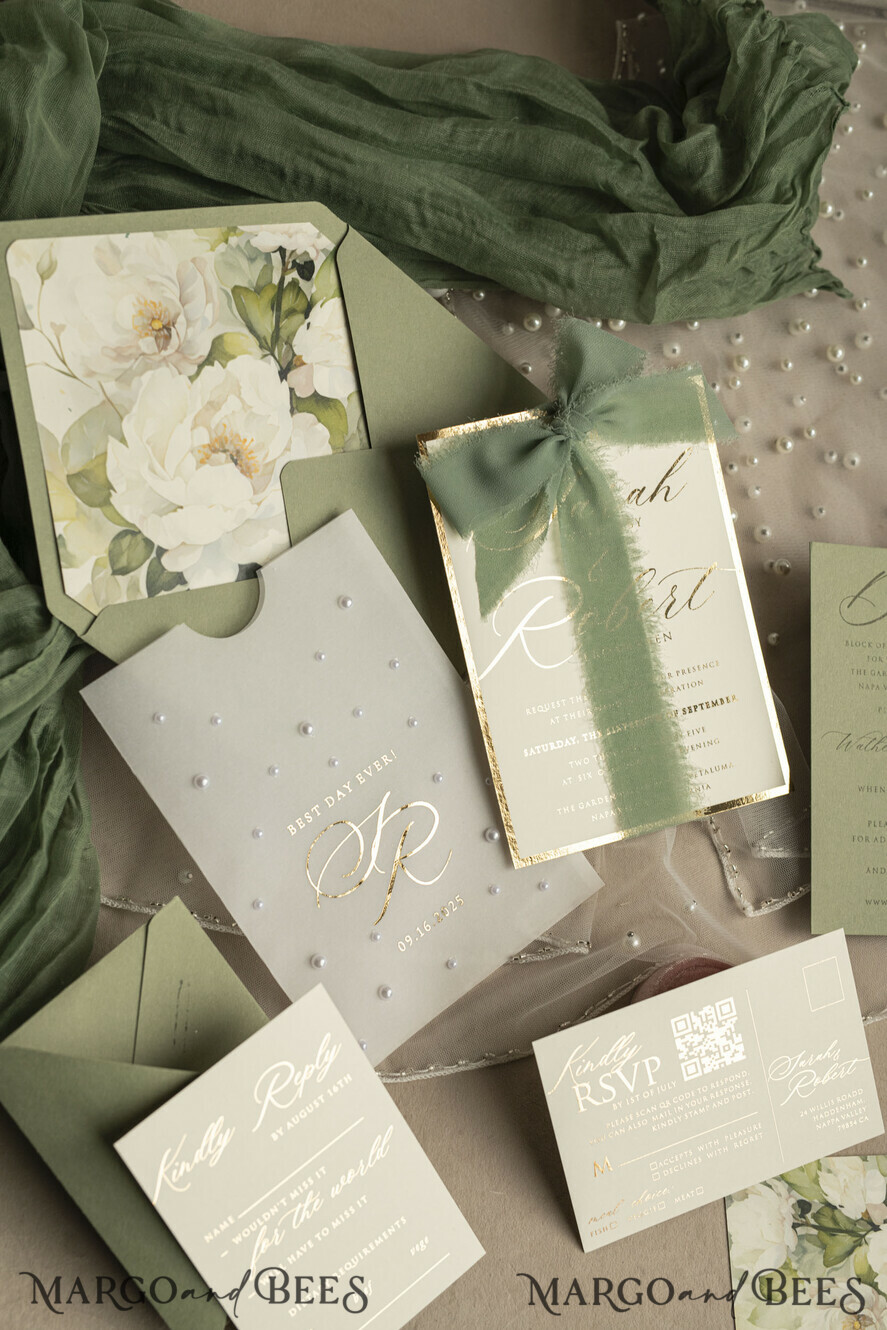 WEDDING INVITATIONS gold / rose gold / silver / glitter Sag Green Chiffon bow beaded bespoke Elegant Greenery Gold Wedding Invitation Suite, White Perls Golden Wedding Cards, Boho golden folder Wedding Stationery, Vellum etui with monogram