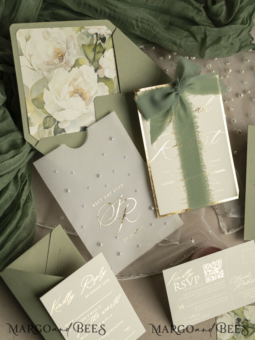 WEDDING INVITATIONS gold / rose gold / silver / glitter Sag Green Chiffon bow beaded bespoke Elegant Greenery Gold Wedding Invitation Suite, White Perls Golden Wedding Cards, Boho golden folder Wedding Stationery, Vellum etui with monogram
