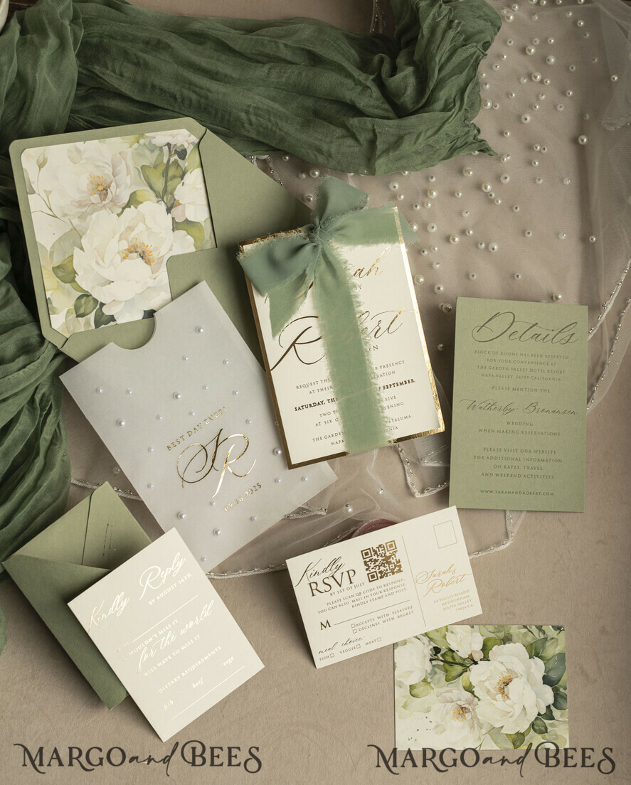 WEDDING INVITATIONS gold / rose gold / silver / glitter Sag Green Chiffon bow beaded bespoke Elegant Greenery Gold Wedding Invitation Suite, White Perls Golden Wedding Cards, Boho golden folder Wedding Stationery, Vellum etui with monogram