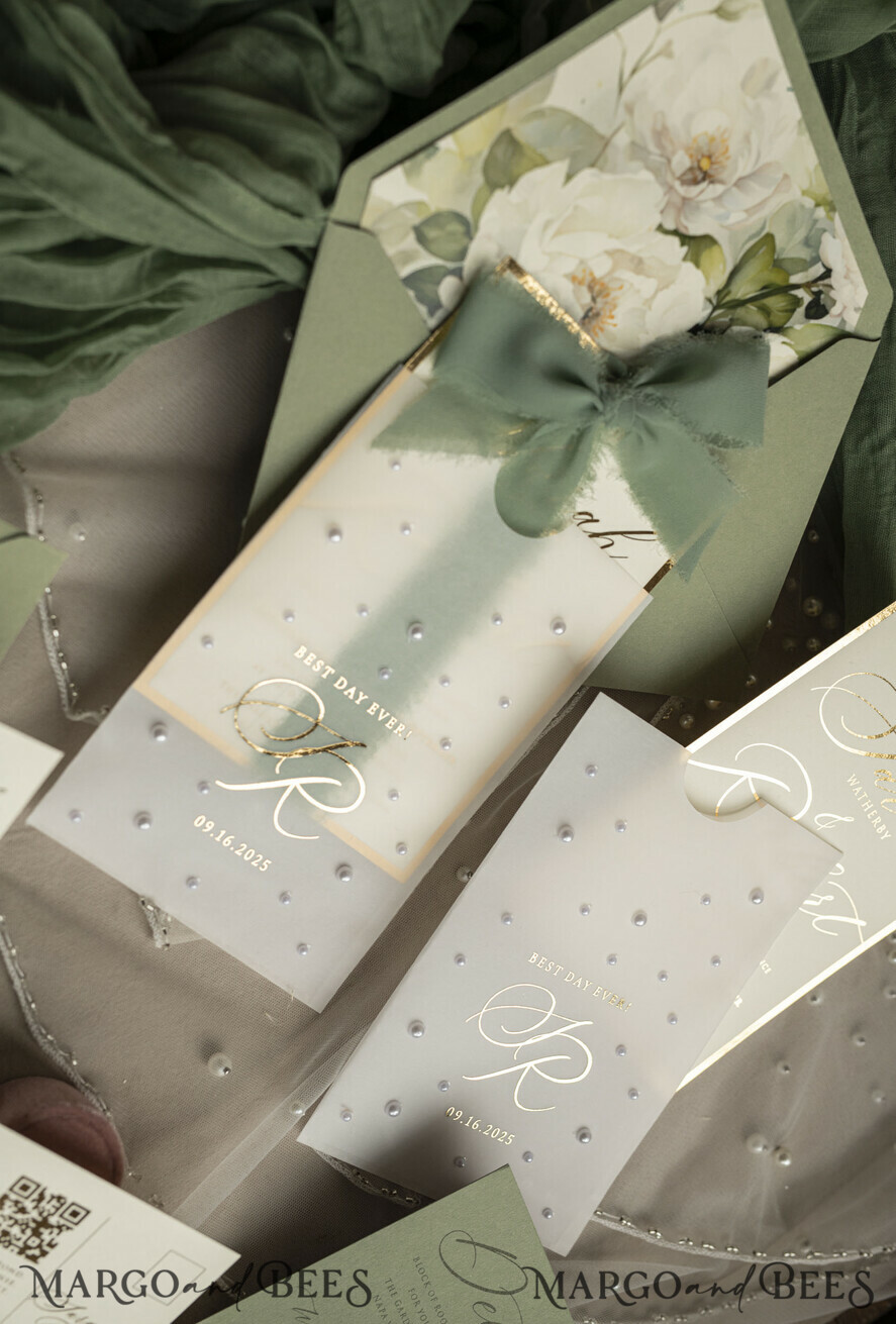WEDDING INVITATIONS gold / rose gold / silver / glitter Sag Green Chiffon bow beaded bespoke Elegant Greenery Gold Wedding Invitation Suite, White Perls Golden Wedding Cards, Boho golden folder Wedding Stationery, Vellum etui with monogram