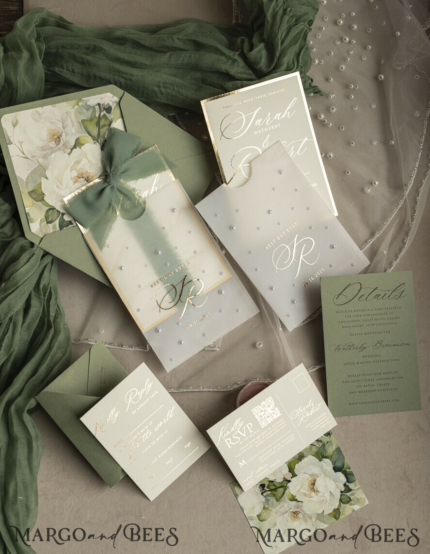 WEDDING INVITATIONS gold / rose gold / silver / glitter Sag Green Chiffon bow beaded bespoke Elegant Greenery Gold Wedding Invitation Suite, White Perls Golden Wedding Cards, Boho golden folder Wedding Stationery, Vellum etui with monogram