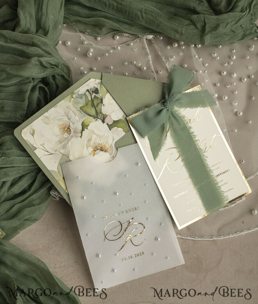 WEDDING INVITATIONS gold / rose gold / silver / glitter Sag Green Chiffon bow beaded bespoke Elegant Greenery Gold Wedding Invitation Suite, White Perls Golden Wedding Cards, Boho golden folder Wedding Stationery, Vellum etui with monogram