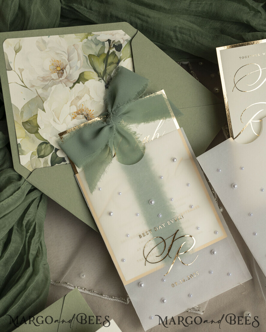 WEDDING INVITATIONS gold / rose gold / silver / glitter Sag Green Chiffon bow beaded bespoke Elegant Greenery Gold Wedding Invitation Suite, White Perls Golden Wedding Cards, Boho golden folder Wedding Stationery, Vellum etui with monogram