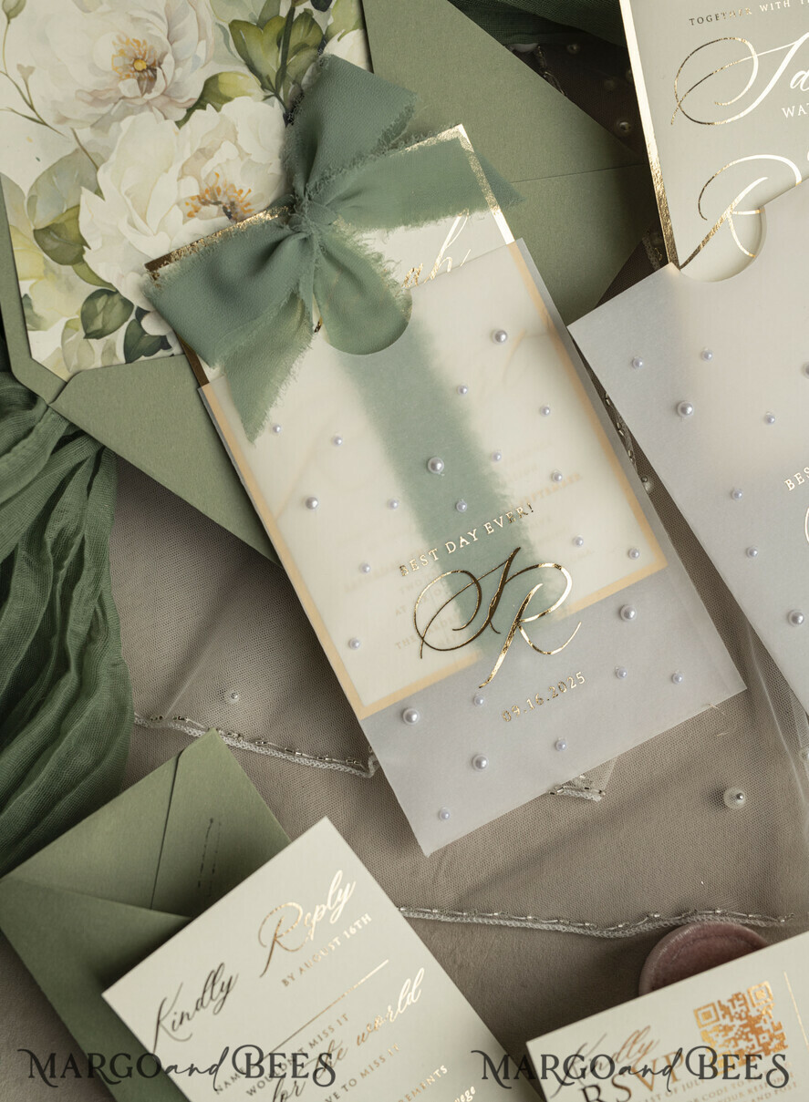 WEDDING INVITATIONS gold / rose gold / silver / glitter Sag Green Chiffon bow beaded bespoke Elegant Greenery Gold Wedding Invitation Suite, White Perls Golden Wedding Cards, Boho golden folder Wedding Stationery, Vellum etui with monogram