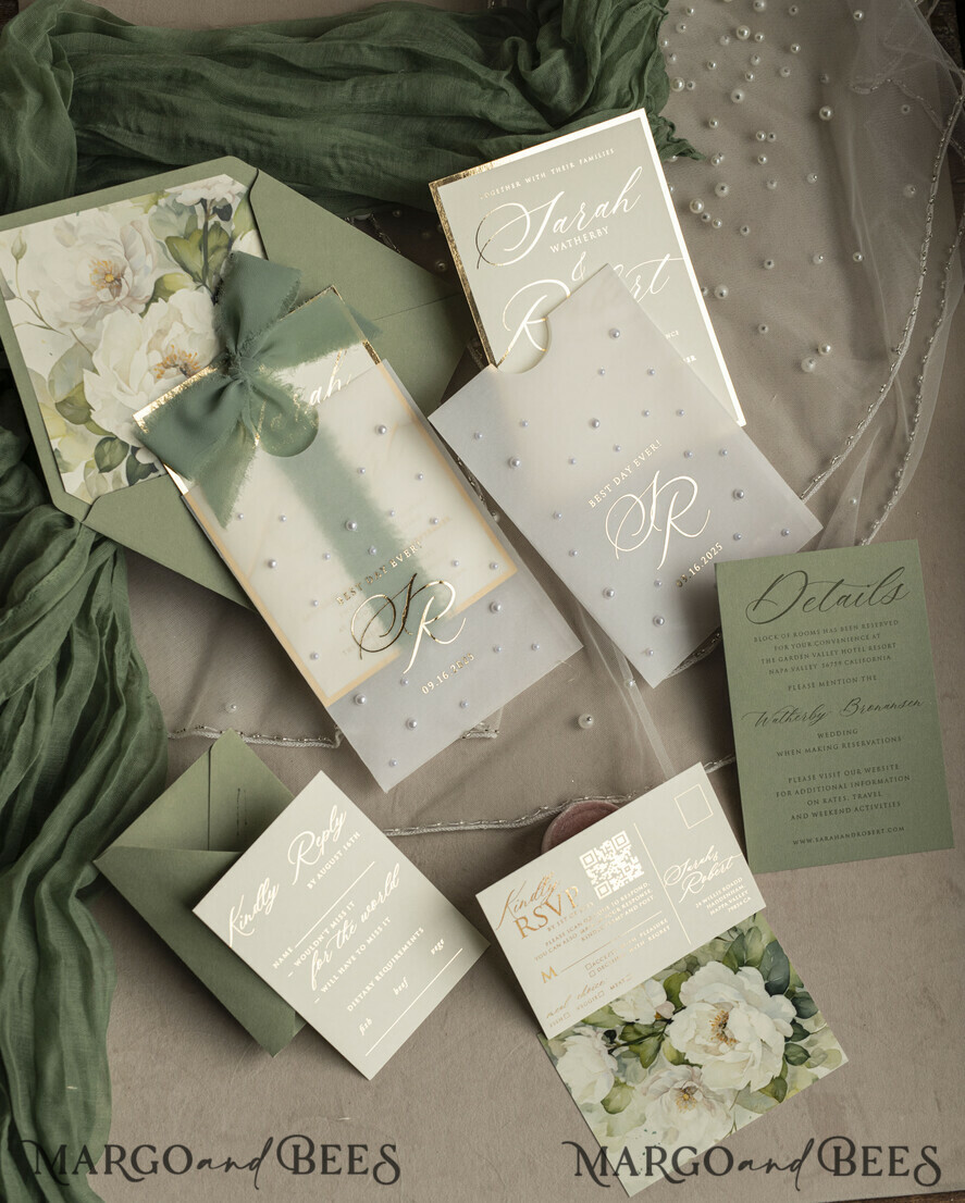WEDDING INVITATIONS gold / rose gold / silver / glitter Sag Green Chiffon bow beaded bespoke Elegant Greenery Gold Wedding Invitation Suite, White Perls Golden Wedding Cards, Boho golden folder Wedding Stationery, Vellum etui with monogram