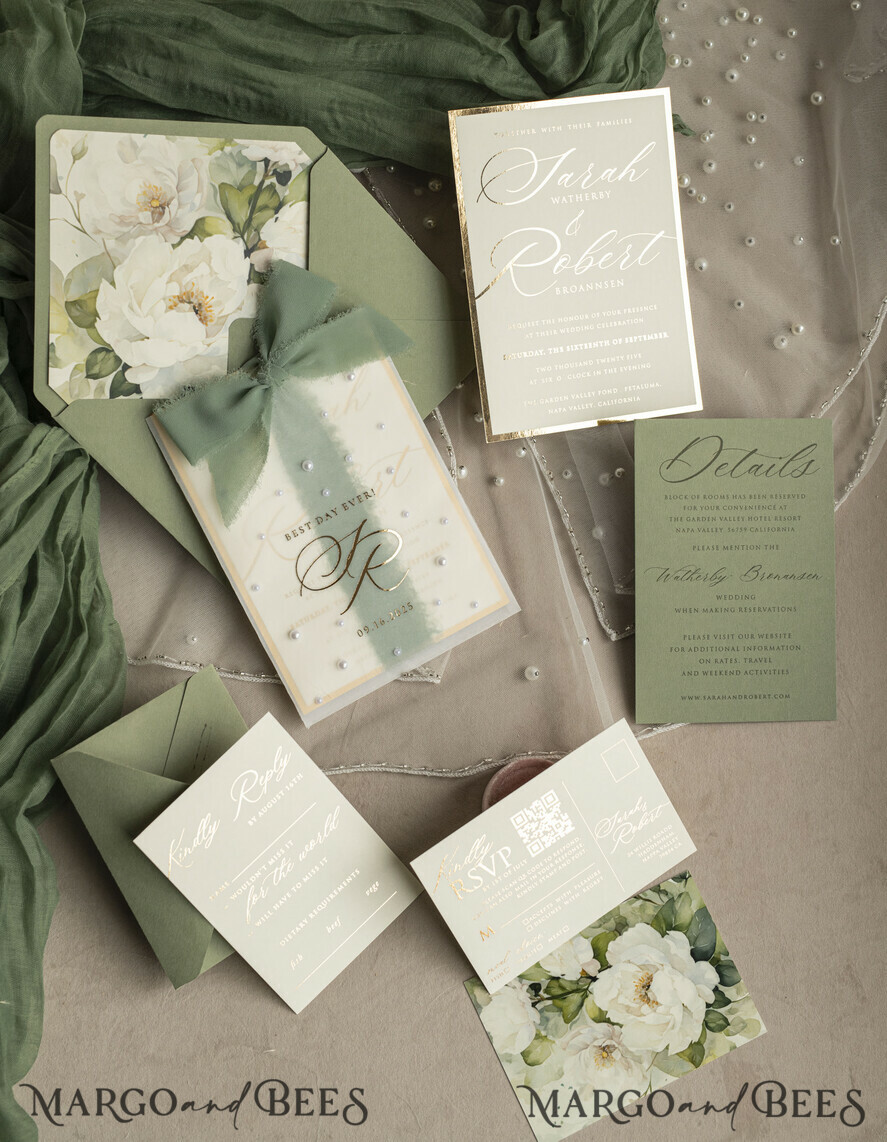 WEDDING INVITATIONS gold / rose gold / silver / glitter Sag Green Chiffon bow beaded bespoke Elegant Greenery Gold Wedding Invitation Suite, White Perls Golden Wedding Cards, Boho golden folder Wedding Stationery, Vellum etui with monogram