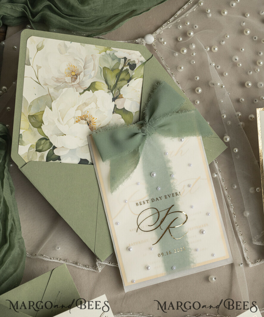 WEDDING INVITATIONS gold / rose gold / silver / glitter Sag Green Chiffon bow beaded bespoke Elegant Greenery Gold Wedding Invitation Suite, White Perls Golden Wedding Cards, Boho golden folder Wedding Stationery, Vellum etui with monogram