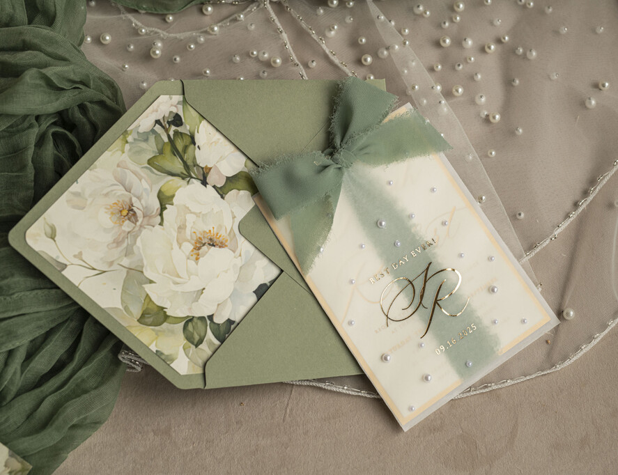 WEDDING INVITATIONS gold / rose gold / silver / glitter Sag Green Chiffon bow beaded bespoke Elegant Greenery Gold Wedding Invitation Suite, White Perls Golden Wedding Cards, Boho golden folder Wedding Stationery, Vellum etui with monogram