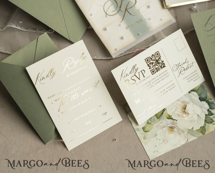 WEDDING INVITATIONS gold / rose gold / silver / glitter Sag Green Chiffon bow beaded bespoke Elegant Greenery Gold Wedding Invitation Suite, White Perls Golden Wedding Cards, Boho golden folder Wedding Stationery, Vellum etui with monogram