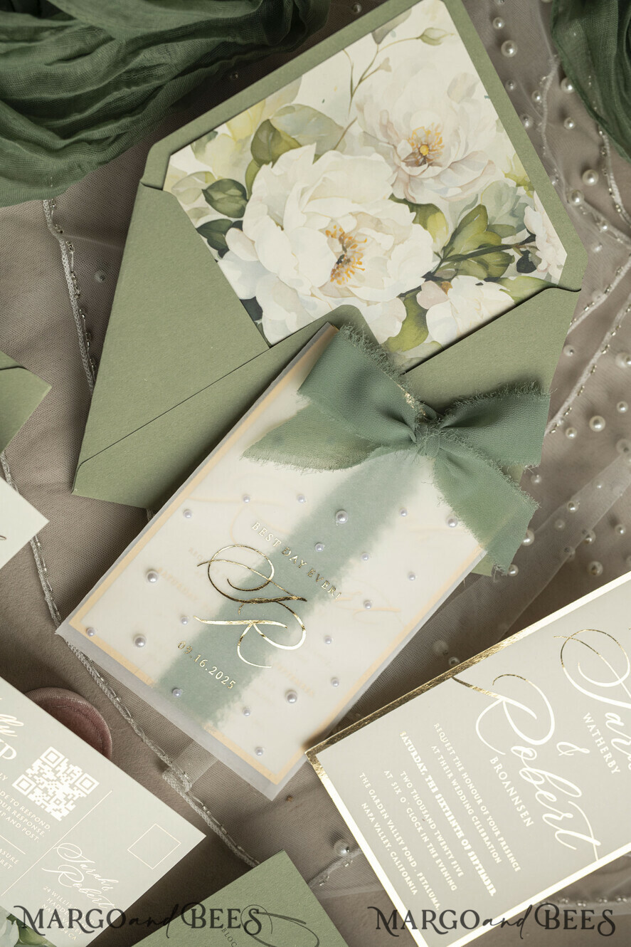 WEDDING INVITATIONS gold / rose gold / silver / glitter Sag Green Chiffon bow beaded bespoke Elegant Greenery Gold Wedding Invitation Suite, White Perls Golden Wedding Cards, Boho golden folder Wedding Stationery, Vellum etui with monogram