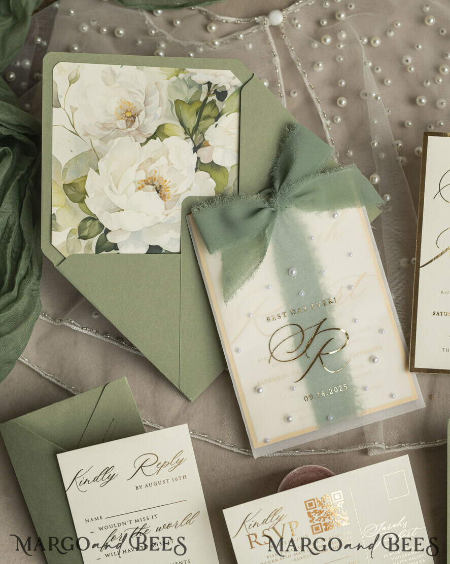 WEDDING INVITATIONS gold / rose gold / silver / glitter Sag Green Chiffon bow beaded bespoke Elegant Greenery Gold Wedding Invitation Suite, White Perls Golden Wedding Cards, Boho golden folder Wedding Stationery, Vellum etui with monogram