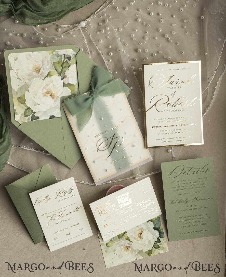 WEDDING INVITATIONS gold / rose gold / silver / glitter Sag Green Chiffon bow beaded bespoke Elegant Greenery Gold Wedding Invitation Suite, White Perls Golden Wedding Cards, Boho golden folder Wedding Stationery, Vellum etui with monogram
