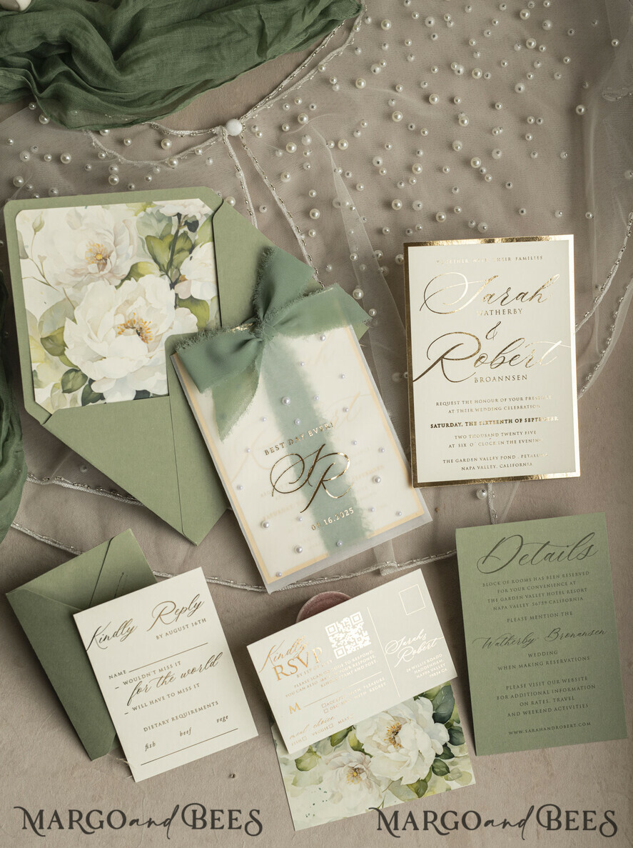 WEDDING INVITATIONS gold / rose gold / silver / glitter Sag Green Chiffon bow beaded bespoke Elegant Greenery Gold Wedding Invitation Suite, White Perls Golden Wedding Cards, Boho golden folder Wedding Stationery, Vellum etui with monogram