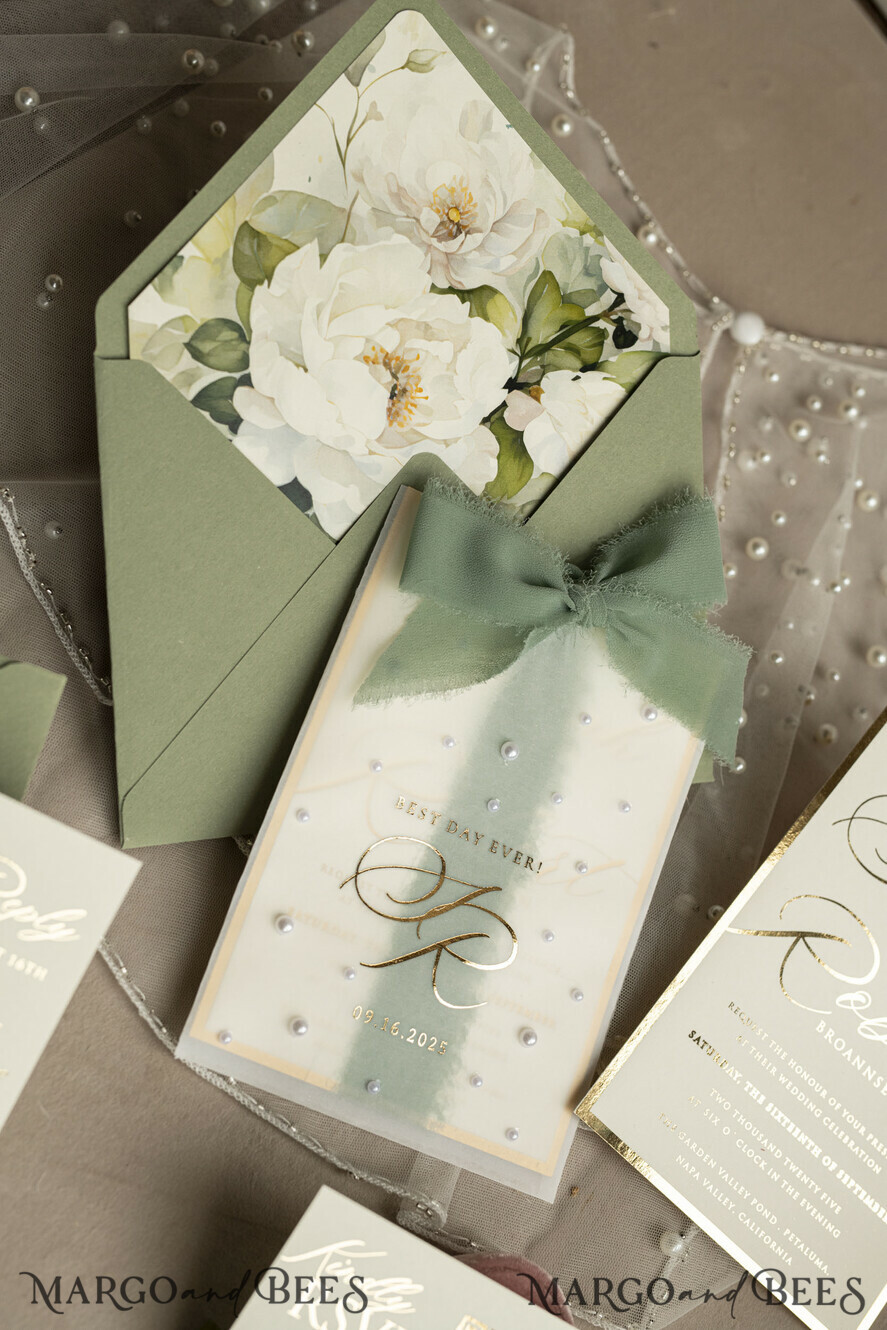 WEDDING INVITATIONS gold / rose gold / silver / glitter Sag Green Chiffon bow beaded bespoke Elegant Greenery Gold Wedding Invitation Suite, White Perls Golden Wedding Cards, Boho golden folder Wedding Stationery, Vellum etui with monogram