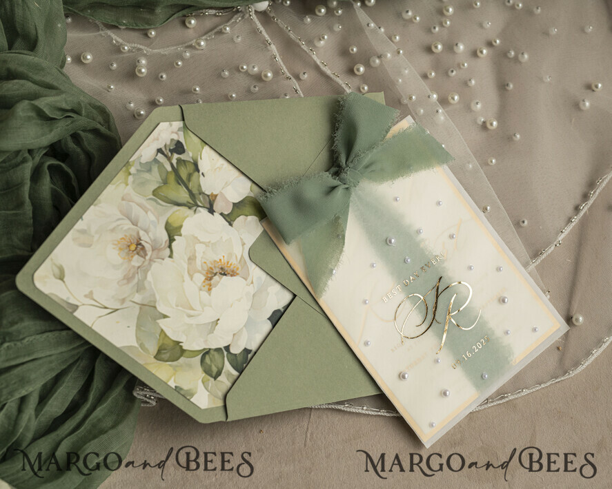 WEDDING INVITATIONS gold / rose gold / silver / glitter Sag Green Chiffon bow beaded bespoke Elegant Greenery Gold Wedding Invitation Suite, White Perls Golden Wedding Cards, Boho golden folder Wedding Stationery, Vellum etui with monogram