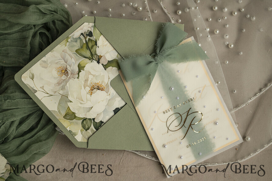 WEDDING INVITATIONS gold / rose gold / silver / glitter Sag Green Chiffon bow beaded bespoke Elegant Greenery Gold Wedding Invitation Suite, White Perls Golden Wedding Cards, Boho golden folder Wedding Stationery, Vellum etui with monogram