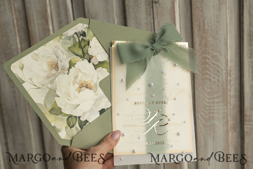 WEDDING INVITATIONS gold / rose gold / silver / glitter Sag Green Chiffon bow beaded bespoke Elegant Greenery Gold Wedding Invitation Suite, White Perls Golden Wedding Cards, Boho golden folder Wedding Stationery, Vellum etui with monogram