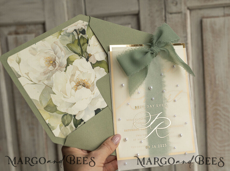 WEDDING INVITATIONS gold / rose gold / silver / glitter Sag Green Chiffon bow beaded bespoke Elegant Greenery Gold Wedding Invitation Suite, White Perls Golden Wedding Cards, Boho golden folder Wedding Stationery, Vellum etui with monogram